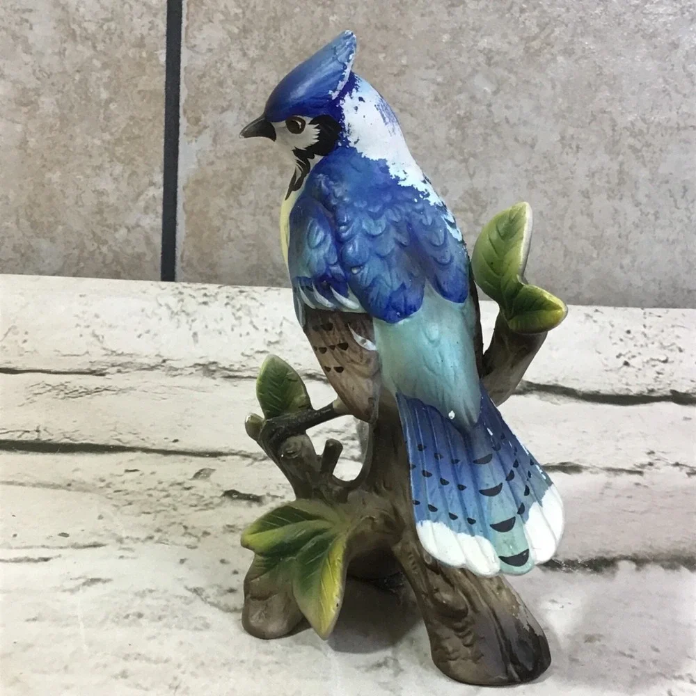 Ceramic Blue Jay Figurine On‎ Tree Branch Collectible Home Decor